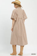Umgee Puff Sleeve Plaid Midi Dress