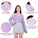 Women\'s Sexy Off The Shoulder Blouses Cold Shoulder Tops V-Neck Long Sleeve T-Shirt Solid Color Summer