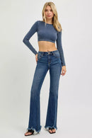 RISEN Full Size Mid Rise Flare Frayed Hem Jeans Plus Size