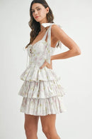 MABLE Floral Print Shoulder Tie Layered Mini Dress
