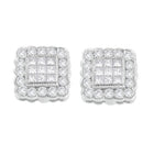 14K White Gold 1.0 Cttw Round Brilliant & Princess Cut Diamond Scallop-Edge Framed Square Halo Stud Earrings (G-H Color, SI1-SI2 Clarity)