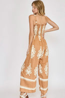Umgee Full Size Smocked Printed Wide Leg Jumpsuit Plus Size