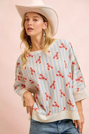 BiBi 4th Of July Lobsters Stripe Waffle Knit Sleeve Top