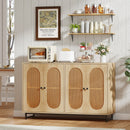 50 Inch Buffet Sideboard Cabinet with 4 Rattan Doors and Adjustable Shelves-Natural