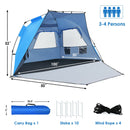 3-4 Person Easy Pop Up Beach Tent UPF 50+ Portable Sun Shelter