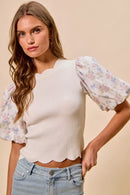 SO ME Floral Cotton Contrast Sleeves Scallop Sweater Top
