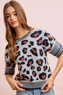 BiBi Two Tone Detail Leopard Knit Double Sleeves Top