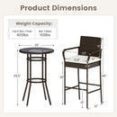 Patio Rattan Bar Height Table and Chairs with 2 Seat Cushions for Porch-White