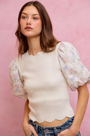 SO ME Floral Cotton Contrast Sleeves Scallop Sweater Top