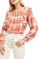 Free People Womens Ruffled Cut Out Plaid Long Sleeve Square Neck Top, Medium