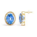 18K Yellow Gold 11x14MM Blue Fluorite Oval Stud Earrings with 1/2 Cttw Diamond Halo