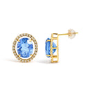18K Yellow Gold 8X10 MM Blue Fluorite Oval and 1/2 Cttw Diamond Halo Stud Earrings