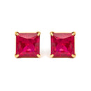 18K Yellow Gold 7x7 MM Created Red Ruby Princess Cut Solitaire Stud Earrings