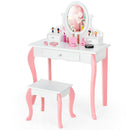Kids Vanity Princess Makeup Dressing Table Stool Set with Mirror and Drawer