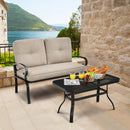 2 Pieces Patio Loveseat Bench Table Furniture Set with Cushioned Chair-Blue