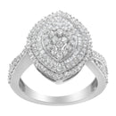 .925 Sterling Silver 1.0 Cttw Round & Baguette-Cut Diamond Marquise-Shaped Cluster Triple Stepped Halo Cocktail Fashion Ring (I-J Color, I2-I3 Clarity) - Size 7