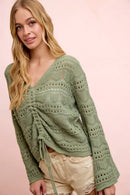 BiBi Pointelle Knit V Neck Ruched Front Lightweight Top