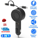 21W 3 In 1 Retractable Car Charger Fast Car Charger Mini Car Phone Charger with USB Port Type-C Cable LT & Micro Cable Fit For IOS Phone 15/14/13 And