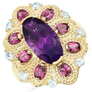 6.80 Carat Genuine Amethyst, Rhodolite and Blue Topaz .925 Sterling Silver Ring