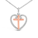 14K Rose Gold Plated Sterling Silver 1/5 Cttw Diamond Heart Cross Pendant Necklace