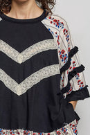 POL Round Neck Half Sleeve Contrast Floral Lace Oversized Knit Top