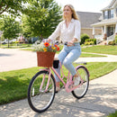 26-Inch Beach Cruiser Bike with Basket and Cup Holder - Pink