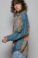POL Patchwork Mixed Textured Paisley Floral Stripe Long Sleeve Shirt