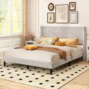 Queen Size Velvet Bed Frame with Vertical Channel Tufted Wingback Headboard-White