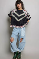 POL Round Neck Half Sleeve Contrast Floral Lace Oversized Knit Top