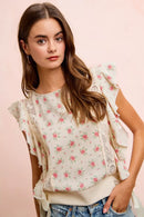 BiBi Flower Printed Ruffle Sleeve Trim Detail Top