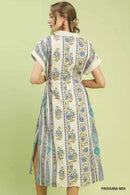 Umgee Vertical Print Tie Waist Midi Dress