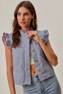 SO ME Stripe Twill Stitch Ruffled Hidden Button Vest Top