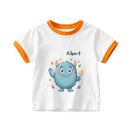 Personalized Kids T-Shirt with Name - Kawaii Blue Monster Graphic Tee with Contrast Trim - Custom Name Gift for Boys and Girls S to 3XL