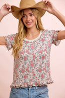 BiBi Rose Printed Slub Knit Ruffled Sleeves Top