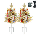 2Pcs Battery Powered Lighted Christmas Tree Urn Filler With Light Artificial Xmas Trees Light with Berries Balls LED Pathway Pine Tree IP44 Waterproof