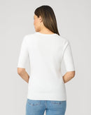 Cable and Gauge White Short Elbow Sleeve Crewneck Sweater, Size Medium