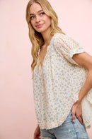 BiBi Floral Crinkle Neckdrop Short Sleeve Blouse Top