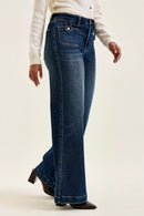 Judy Blue High Waist "lux" Retro Wide Jeans with Front Patch Tab Closure Dk Fade Indigo