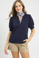 Umgee Striped Collar Popover Top
