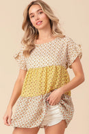 BiBi Flroal Printed Woven Color Block and Tiered Top