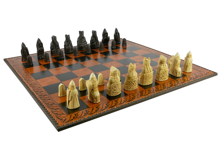 Chess Set - Isle of Lewis Resin Chessmen on Faux Leather Chess Board