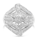 .925 Sterling Silver 1-1/8 Cttw Round & Baguette Diamond 'Flower & Fern' Cluster Cocktail Fashion Ring (I-J Color, I2-I3 Clarity) - Size 6