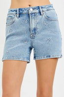 RISEN High Rise Denim Shorts with Embroidered Detail