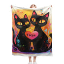 Personalized Black Cats Heart Blanket with Name | Pop Art Neon Design | Custom Cat Lover Gift