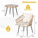 3 Piece Patio Bistro Set with PE Rattan Wicker Chairs and Tempered Glass Coffee Table