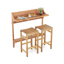 3 Pieces Patio Acacia Wood Bar Table Set with Footrest Curved Wood Seat