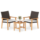 3 Pieces Patio PE Wicker Furniture Set Acacia Wood Outdoor Conversation Bistro Set-White