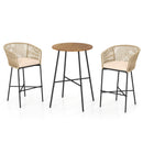 3 Pieces Rope Woven Patio Bar Set with Soft Cushions and Acacia Wood Tabletop-Beige
