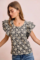 BiBi Floral Jacquard Ruffle Sleeves Knit Top