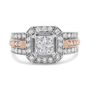 14K White and Rose Gold 1 1/8 Cttw Princess and Round-Cut Diamond Art Deco Style Triple Shank Halo Cocktail Ring (I-J Color, SI2-I1 Clarity) - Size 7